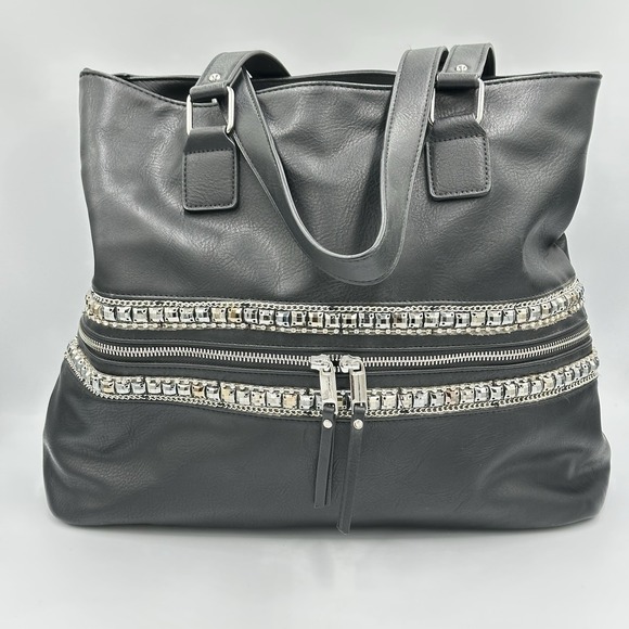 The Unbranded Brand Handbags - Faux Leather Black Silver Jeweled Large Shoulder Tote Bag 17 X 12 X 6 Edgy Chic
